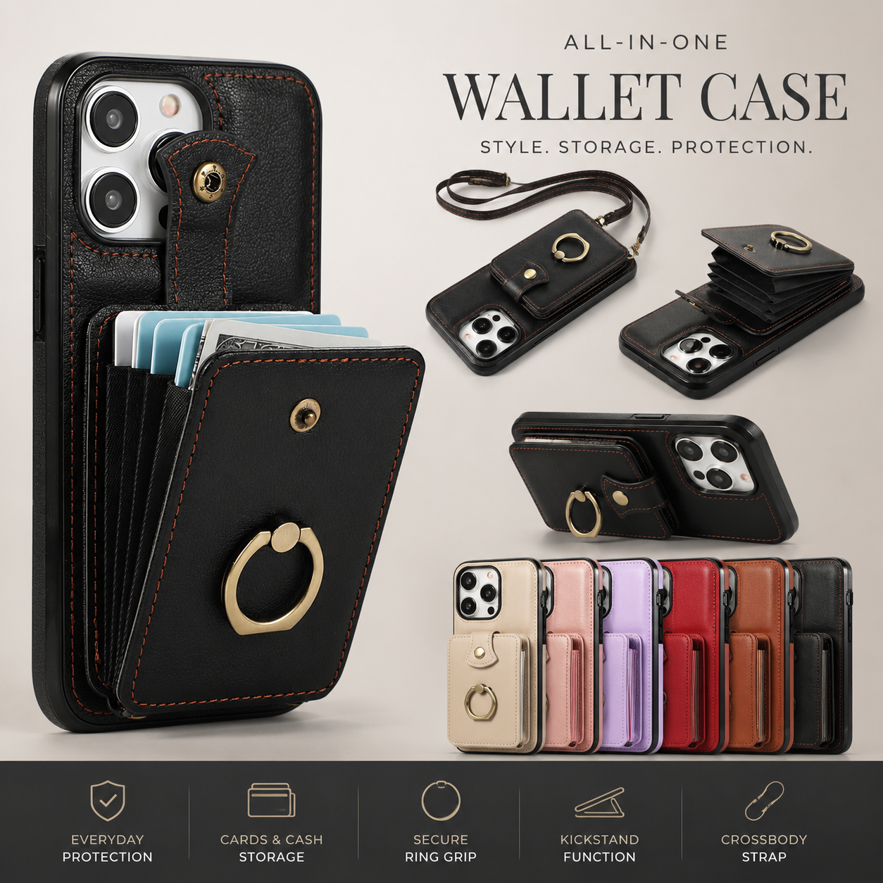Premium iPhone Case PU Leather Wallet Cover Card Holder RFID Blocking 360° Rotating Ring Kickstand Shockproof Protective Case Full Coverage
