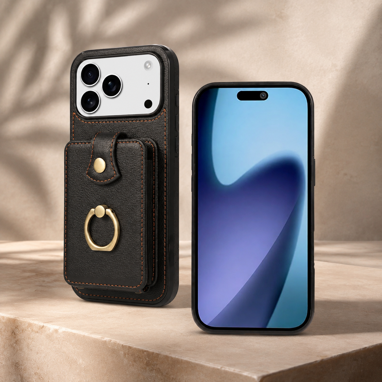 Premium iPhone Case PU Leather Wallet Cover Card Holder RFID Blocking 360° Rotating Ring Kickstand Shockproof Protective Case Full Coverage