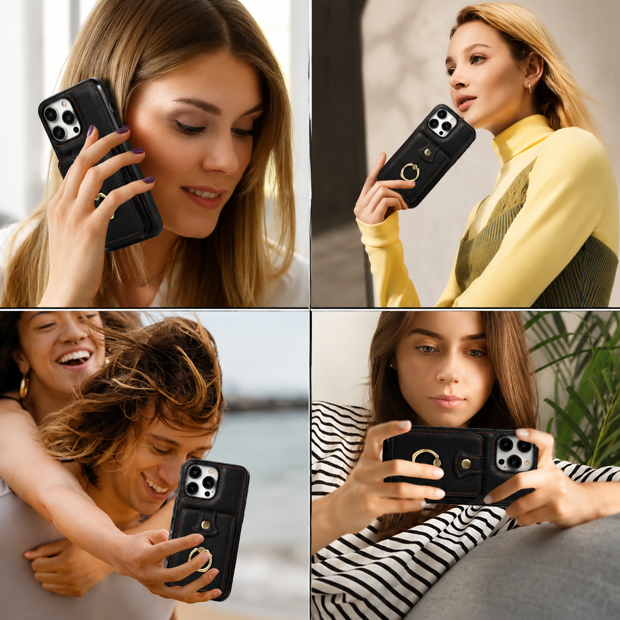 Premium iPhone Case PU Leather Wallet Cover Card Holder RFID Blocking 360° Rotating Ring Kickstand Shockproof Protective Case Full Coverage