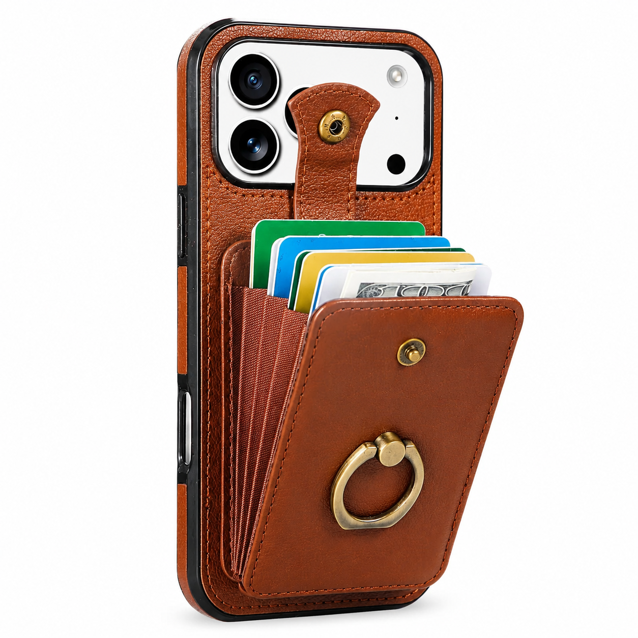 Premium iPhone Case PU Leather Wallet Cover Card Holder RFID Blocking 360° Rotating Ring Kickstand Shockproof Protective Case Full Coverage