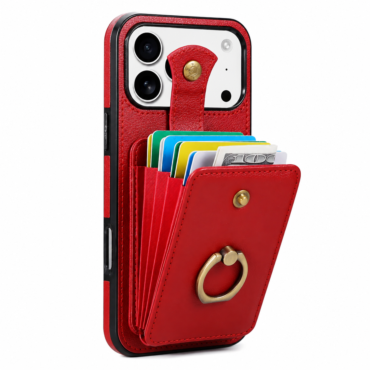 Premium iPhone Case PU Leather Wallet Cover Card Holder RFID Blocking 360° Rotating Ring Kickstand Shockproof Protective Case Full Coverage