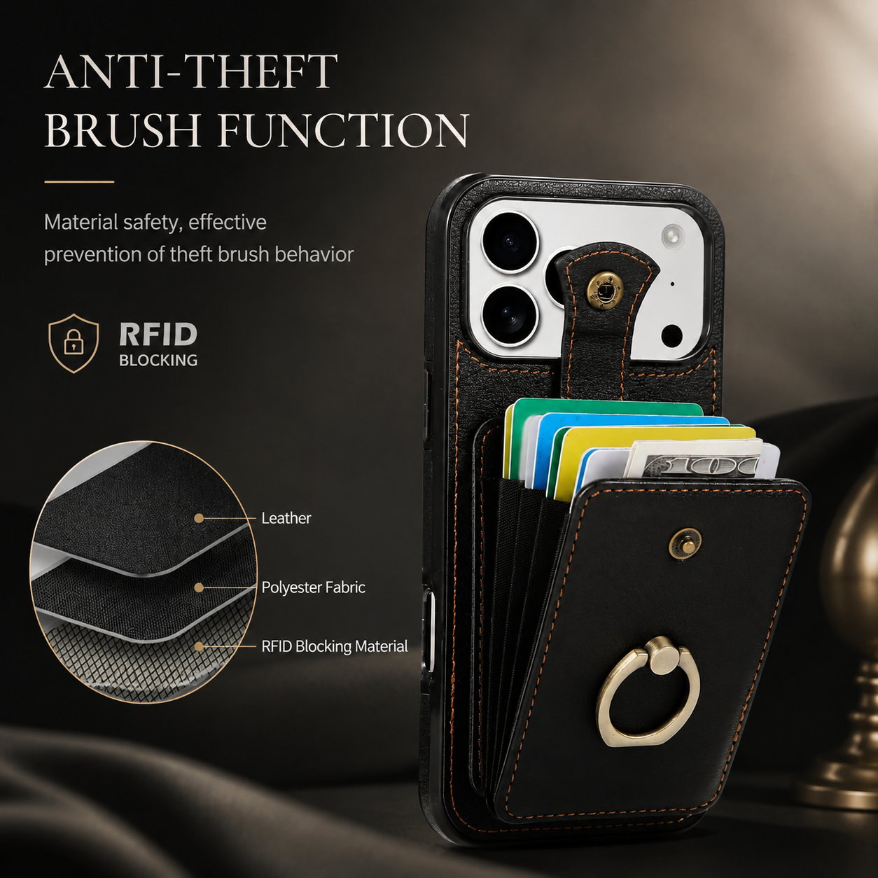 Premium iPhone Case PU Leather Wallet Cover Card Holder RFID Blocking 360° Rotating Ring Kickstand Shockproof Protective Case Full Coverage