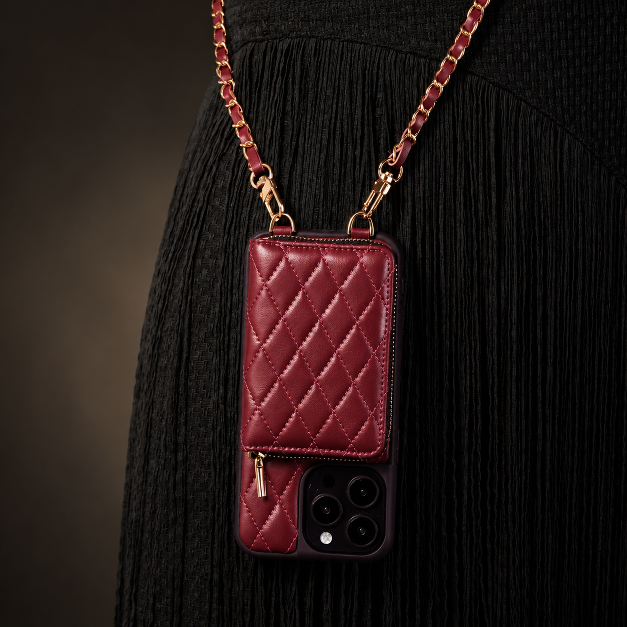 Premium iPhone Case Protective Cover Camera Lens Protection Shockproof Diamond Stitch Leather Crossbody Card Holder Chain Strap Anti Scratch Full Coverage
