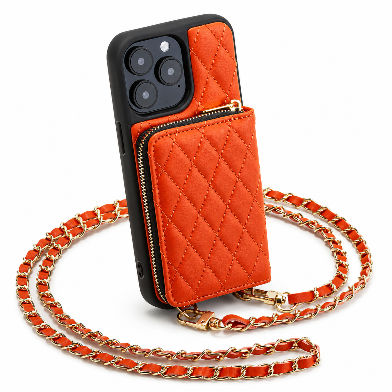 Premium iPhone Case Protective Cover Camera Lens Protection Shockproof Diamond Stitch Leather Crossbody Card Holder Chain Strap Anti Scratch Full Coverage