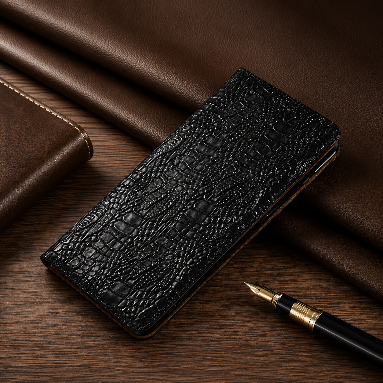 Premium iPhone Case Protective Cover Camera Lens Protection Shockproof Genuine Leather Flip Cover Card Pocket Crocodile Texture Non Slip Full Coverage