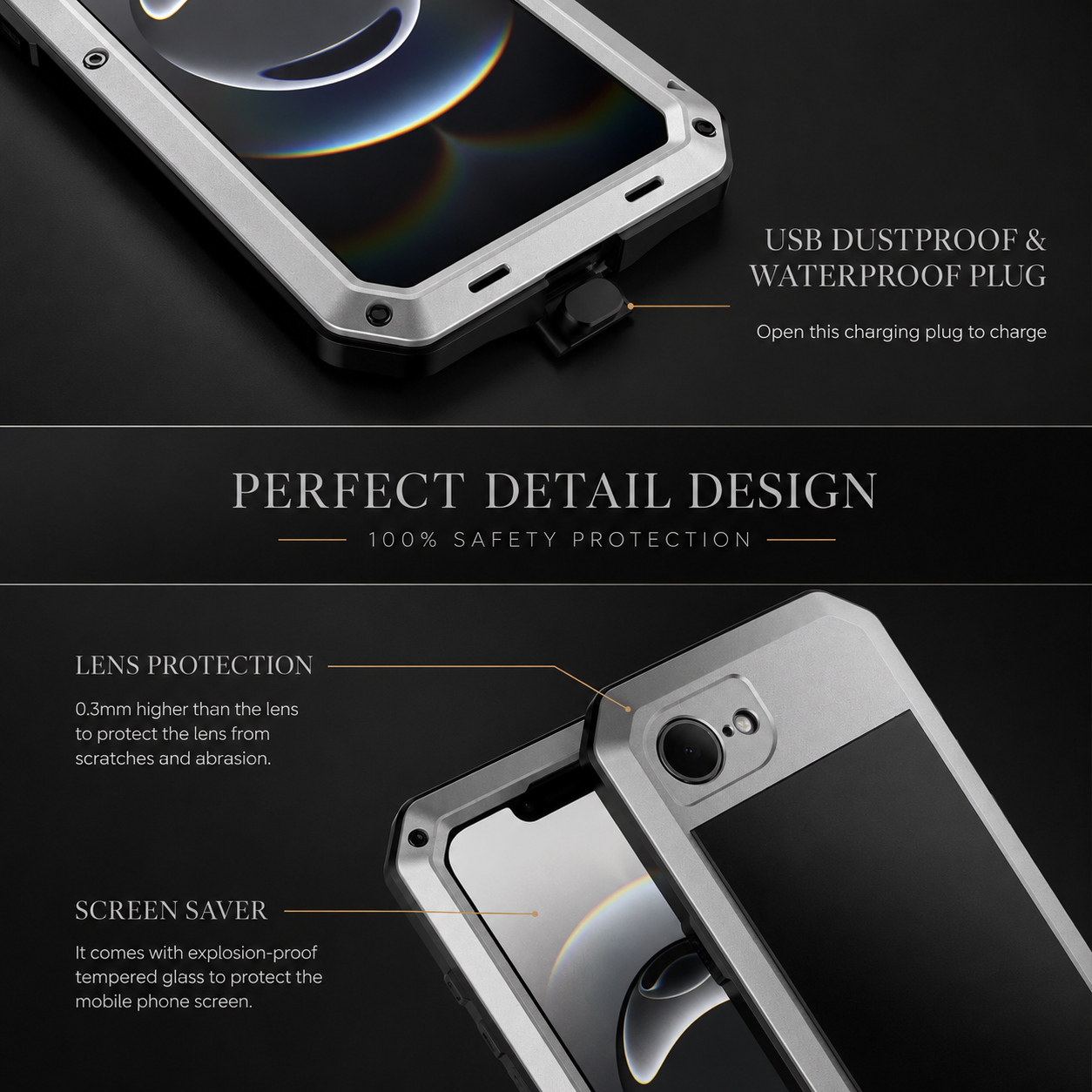 Premium iPhone Case Protective Cover Camera Lens Protection Shockproof Heavy Duty Metal Frame Built In Glass Screen Protector TPU PC Armor Full Coverage