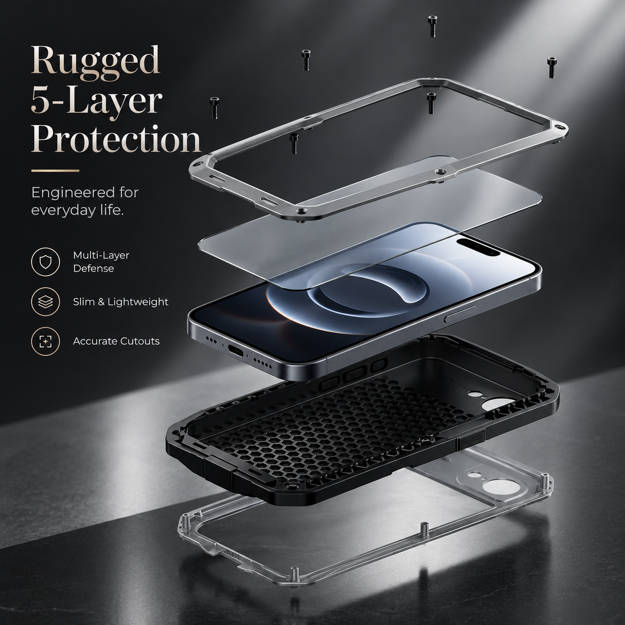 Premium iPhone Case Protective Cover Camera Lens Protection Shockproof Heavy Duty Metal Frame Built In Glass Screen Protector TPU PC Armor Full Coverage