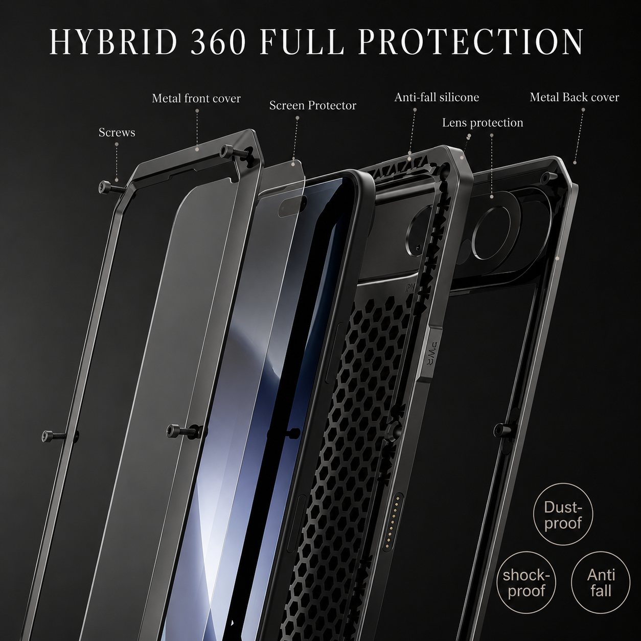 Premium iPhone Case Protective Cover Camera Lens Protection Shockproof Heavy Duty Metal Frame Built In Glass Screen Protector TPU PC Armor Full Coverage