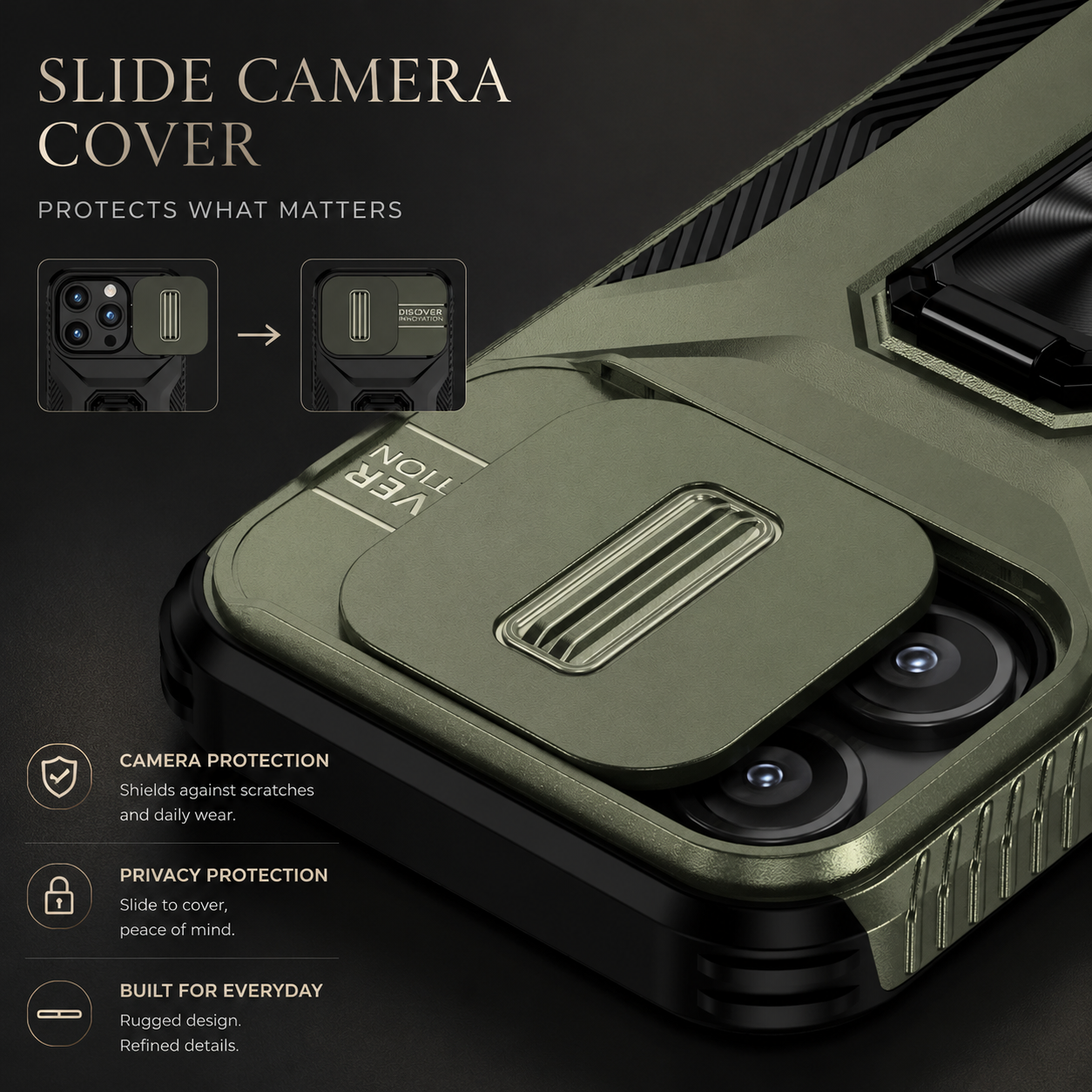Premium iPhone Case Protective Cover Camera Lens Protection Shockproof Military Grade Kickstand Slide Camera Cover Anti Scratch Anti Slip Full Coverage