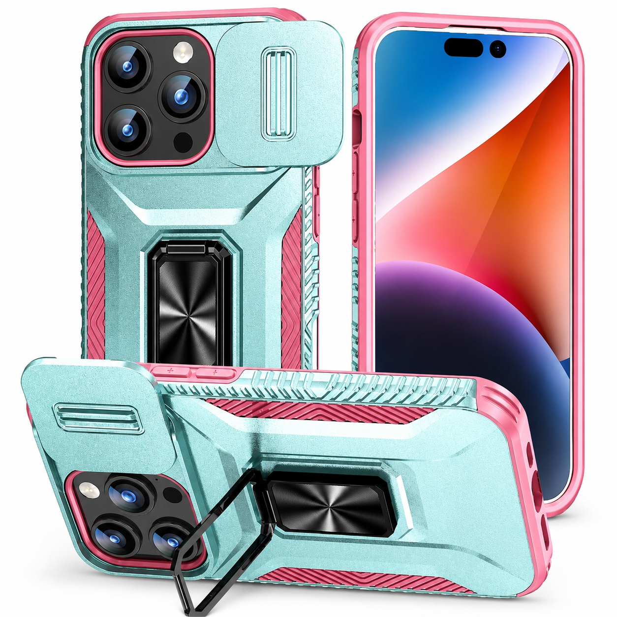 Premium iPhone Case Protective Cover Camera Lens Protection Shockproof Military Grade Kickstand Slide Camera Cover Anti Scratch Anti Slip Full Coverage