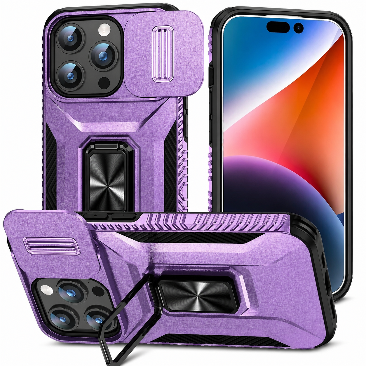 Premium iPhone Case Protective Cover Camera Lens Protection Shockproof Military Grade Kickstand Slide Camera Cover Anti Scratch Anti Slip Full Coverage