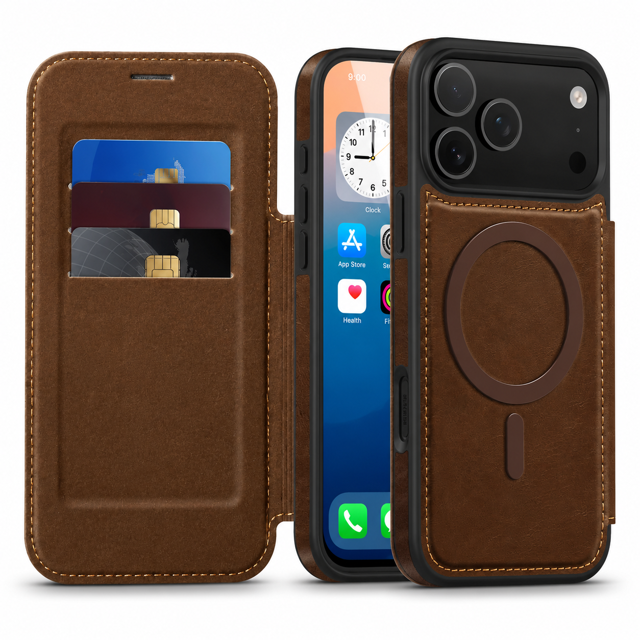 Premium iPhone Case RFID Blocking Leather Wallet Cover MagSafe Compatible Kickstand Card Holder Shockproof Protective Flip Case Wireless Charging