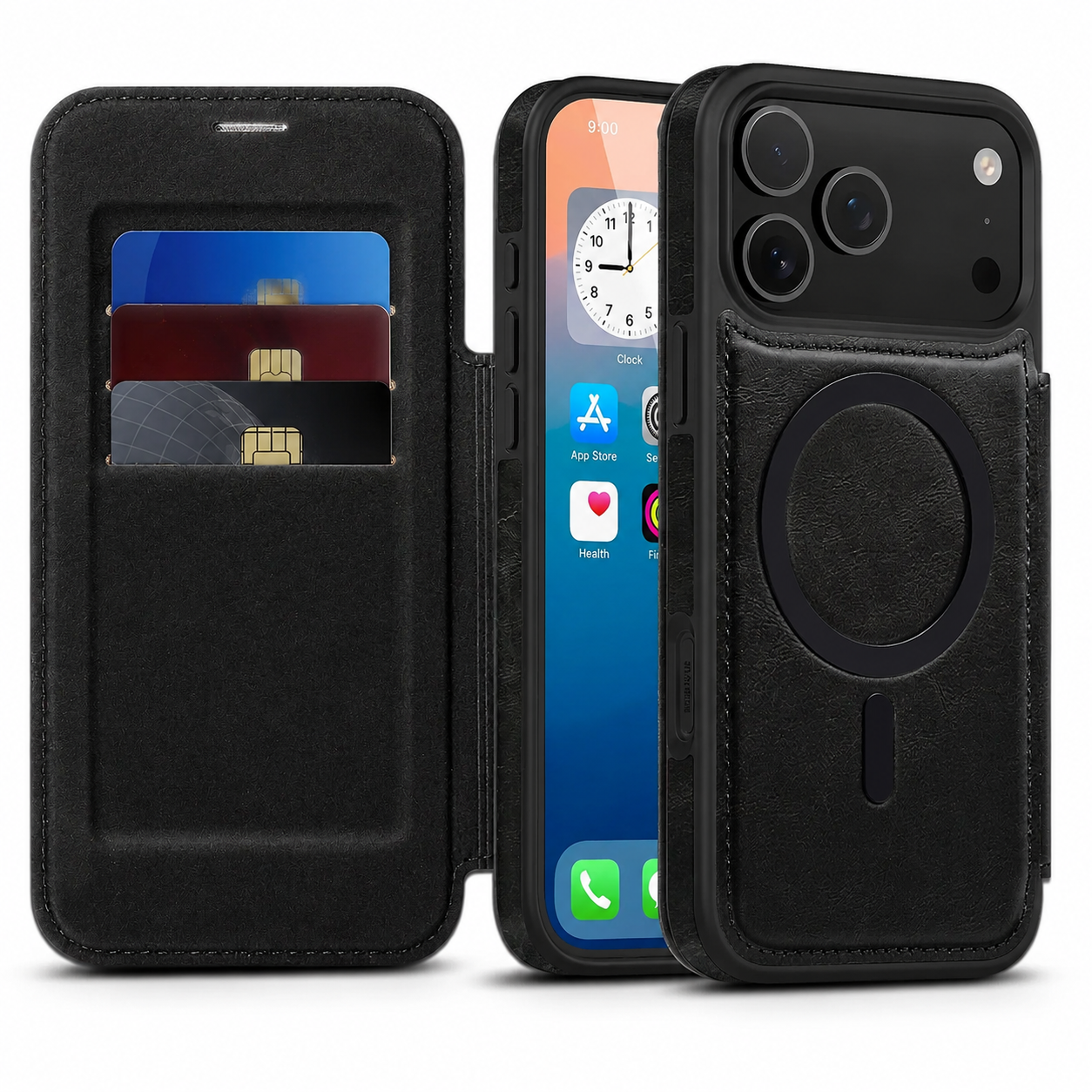 Premium iPhone Case RFID Blocking Leather Wallet Cover MagSafe Compatible Kickstand Card Holder Shockproof Protective Flip Case Wireless Charging