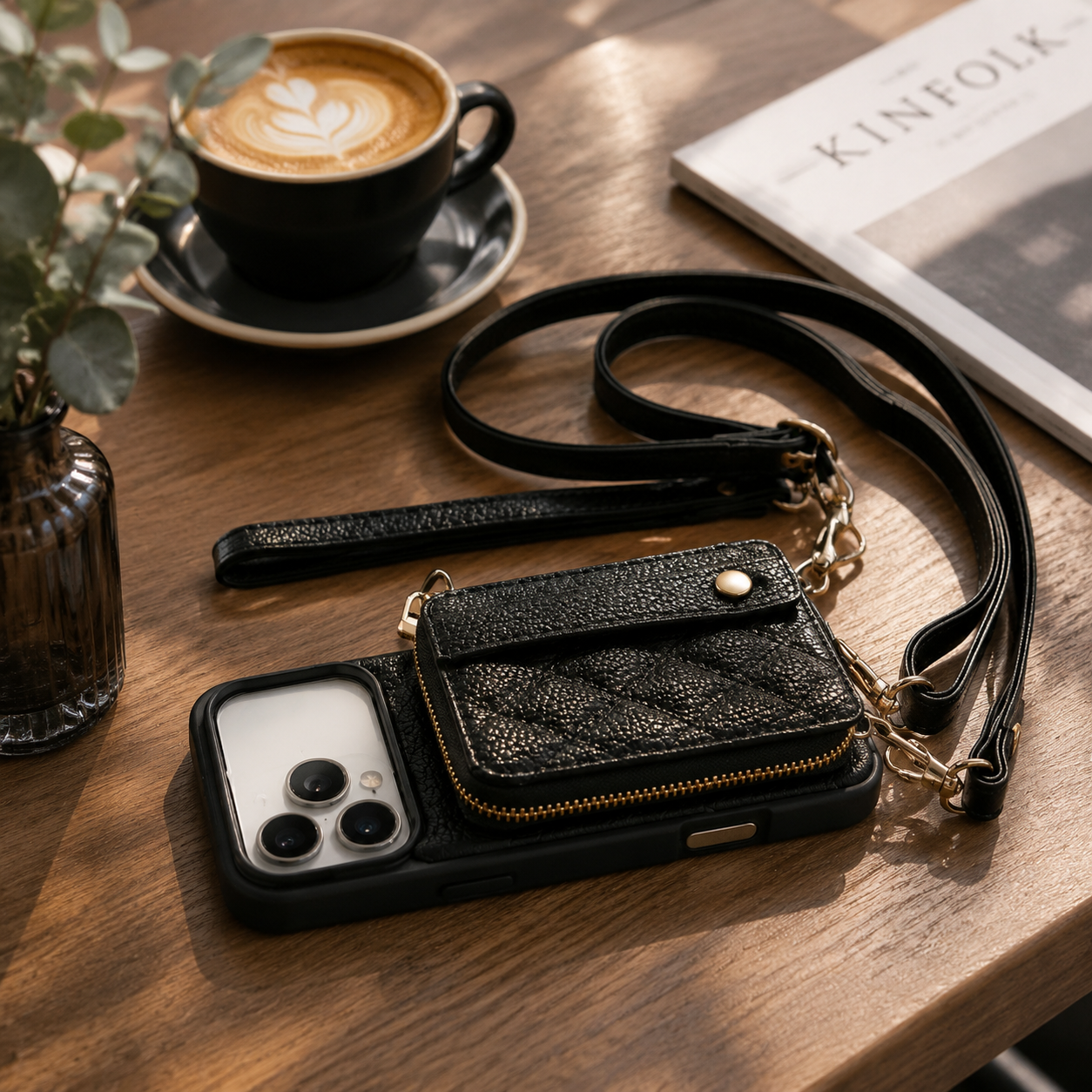 Premium iPhone Case RFID Blocking PU Leather Wallet Cover Crossbody Shoulder Strap Wrist Strap Card Holder Shockproof Protective Design