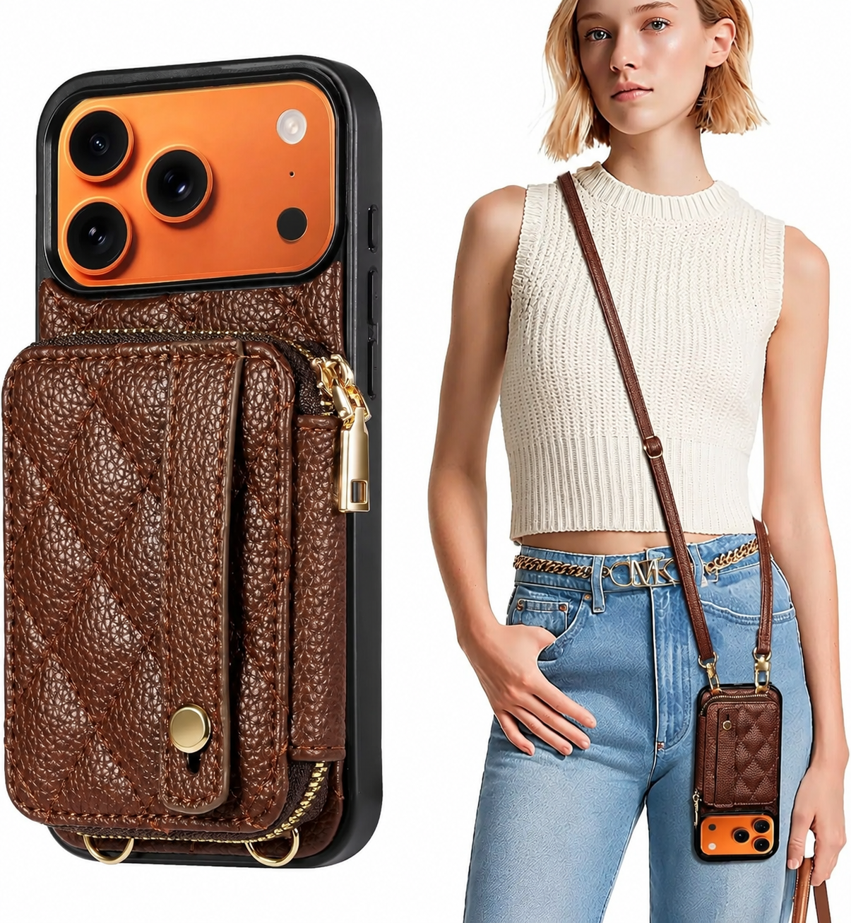 Premium iPhone Case RFID Blocking PU Leather Wallet Cover Crossbody Shoulder Strap Wrist Strap Card Holder Shockproof Protective Design
