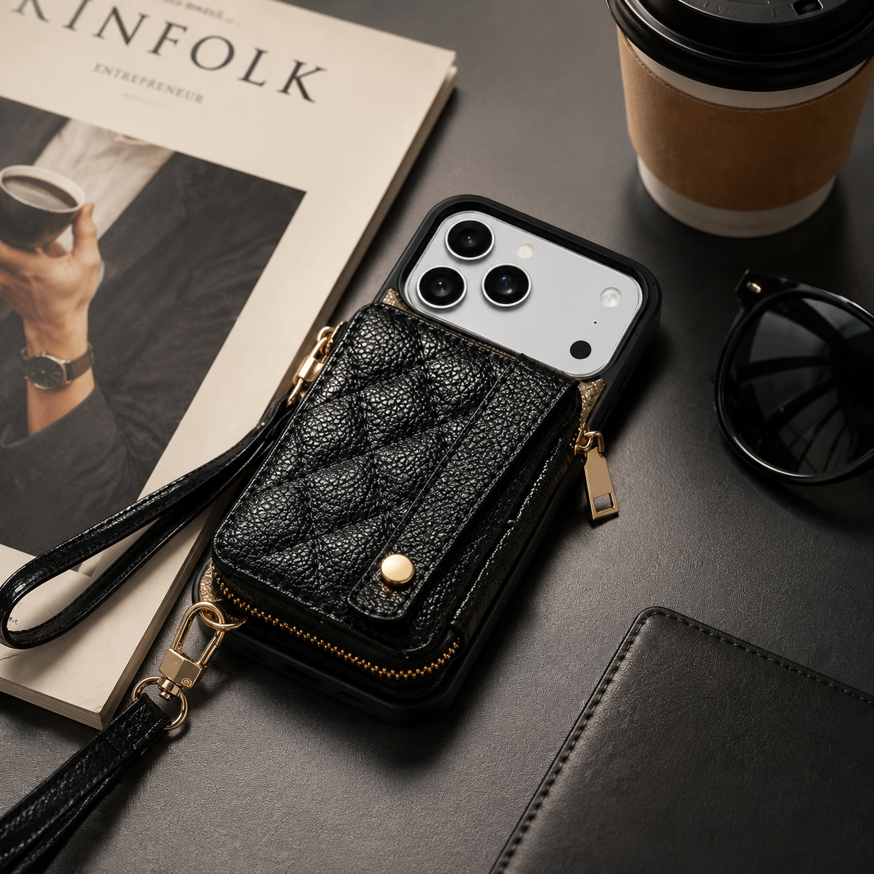Premium iPhone Case RFID Blocking PU Leather Wallet Cover Crossbody Shoulder Strap Wrist Strap Card Holder Shockproof Protective Design