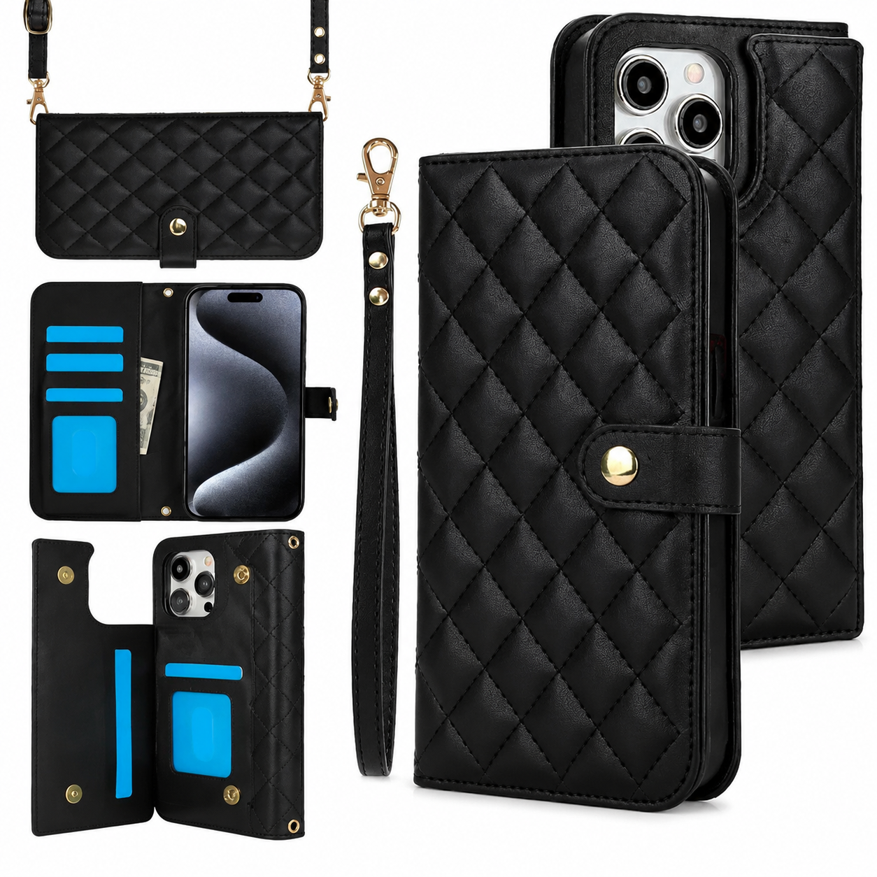 Premium iPhone Case RFID Blocking Wallet Crossbody Flip Cover Card Holder PU Leather Magnetic Closure Shockproof Protective Strap Design