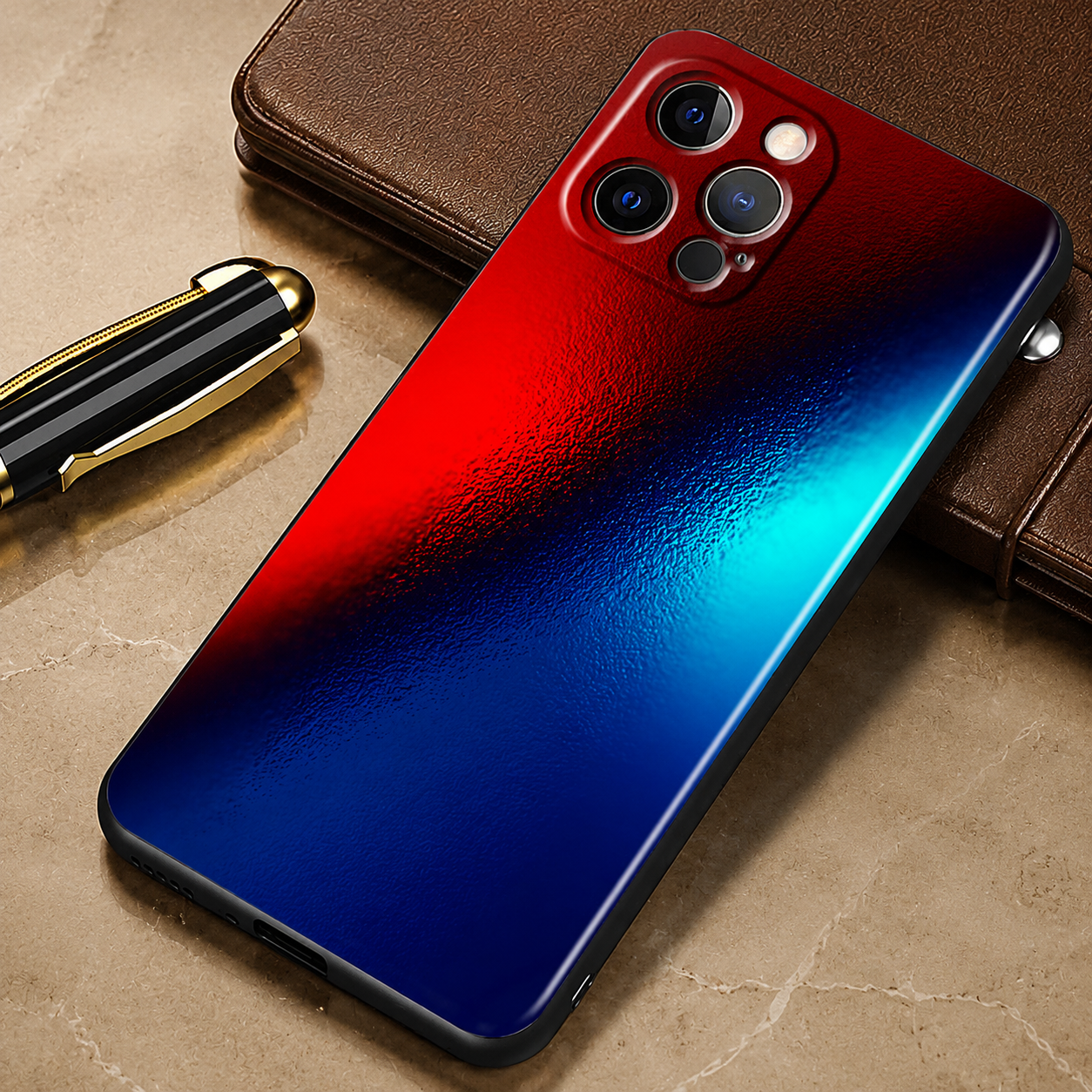 Premium iPhone Case Red Blue Metal TPU Cover Seawater Texture Shockproof Slim Protective Case Stylish Lightweight Design