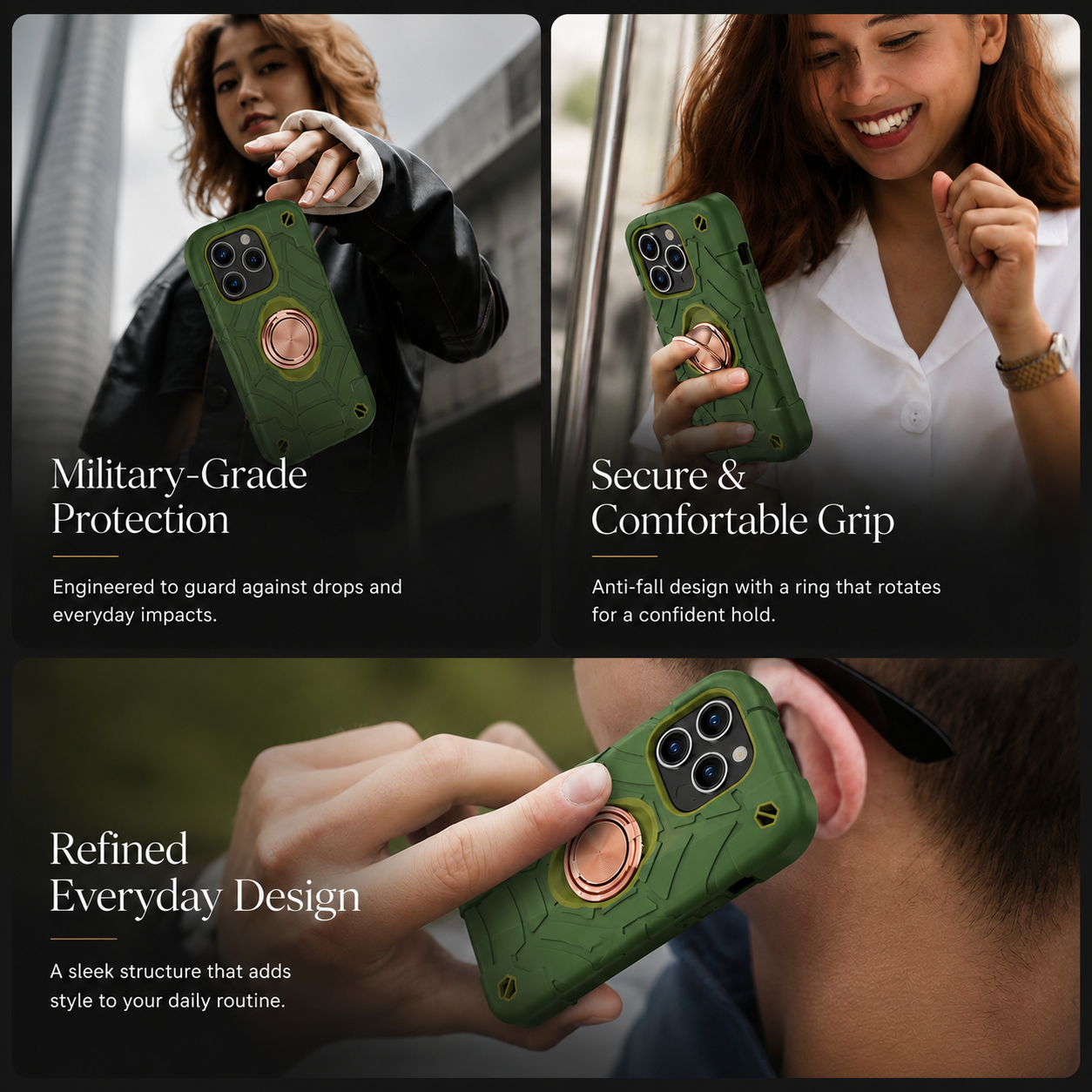 Premium iPhone Case Rugged Military Grade Protective Cover Dual Layer Shockproof Armor Ring Holder Magnetic Car Mount Compatible Full Body Protection Design