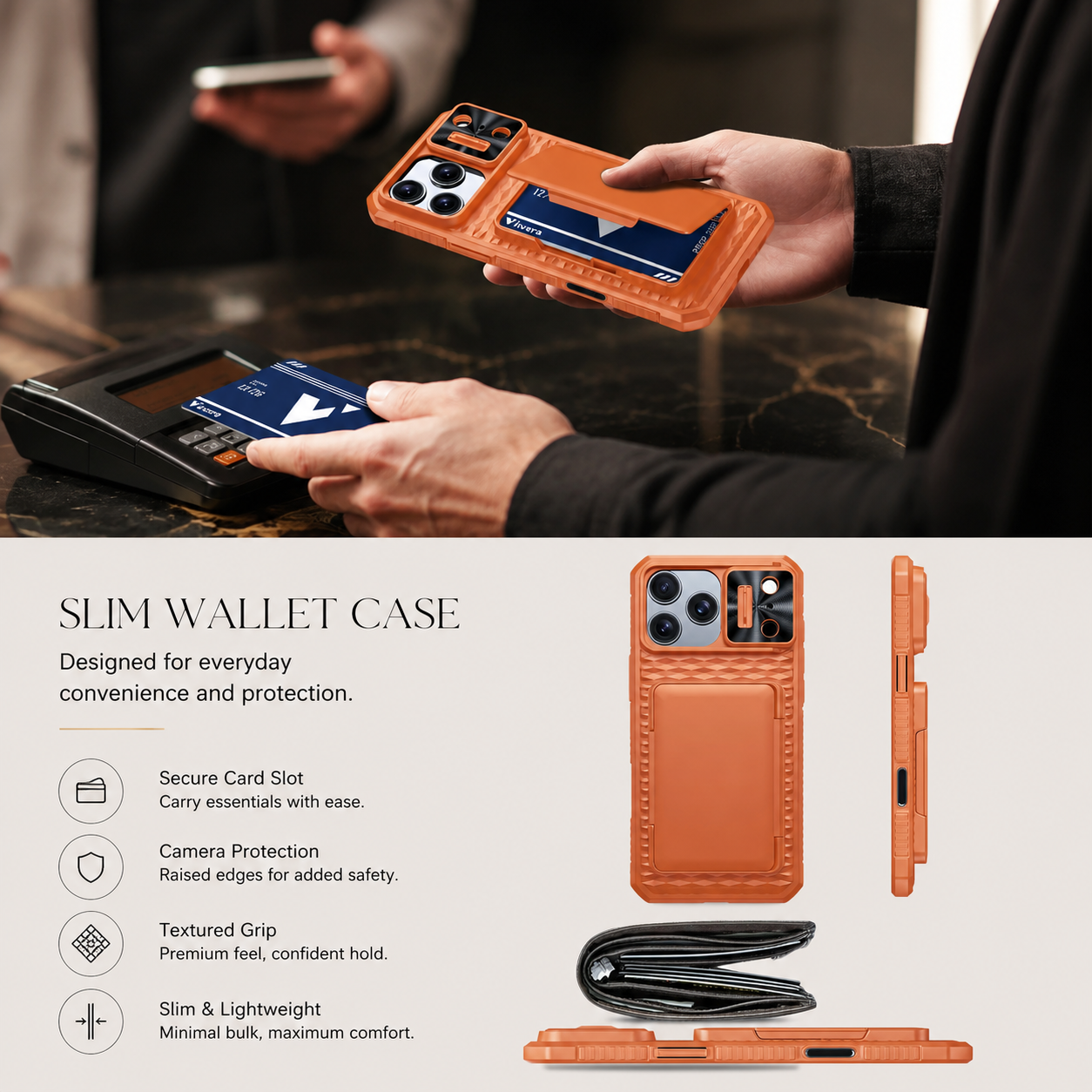 Premium iPhone Case Wallet Card Holder Sliding Camera Cover Foldable Stand Shockproof PC TPU Protective Full Coverage Design