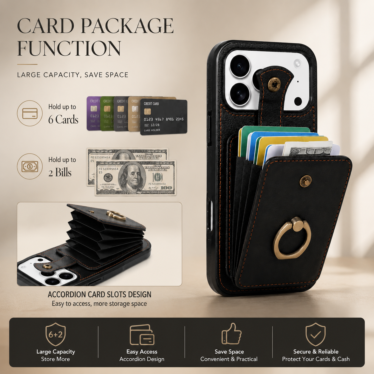 Premium iPhone Case Wallet Cover Card Holder RFID Blocking PU Leather Protective Case 360 Rotating Ring Kickstand Shockproof Full Coverage Design