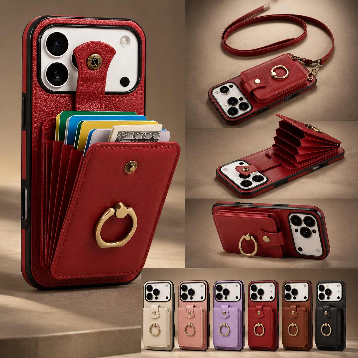 Premium iPhone Case Wallet Cover Card Holder RFID Blocking PU Leather Protective Case 360 Rotating Ring Kickstand Shockproof Full Coverage Design
