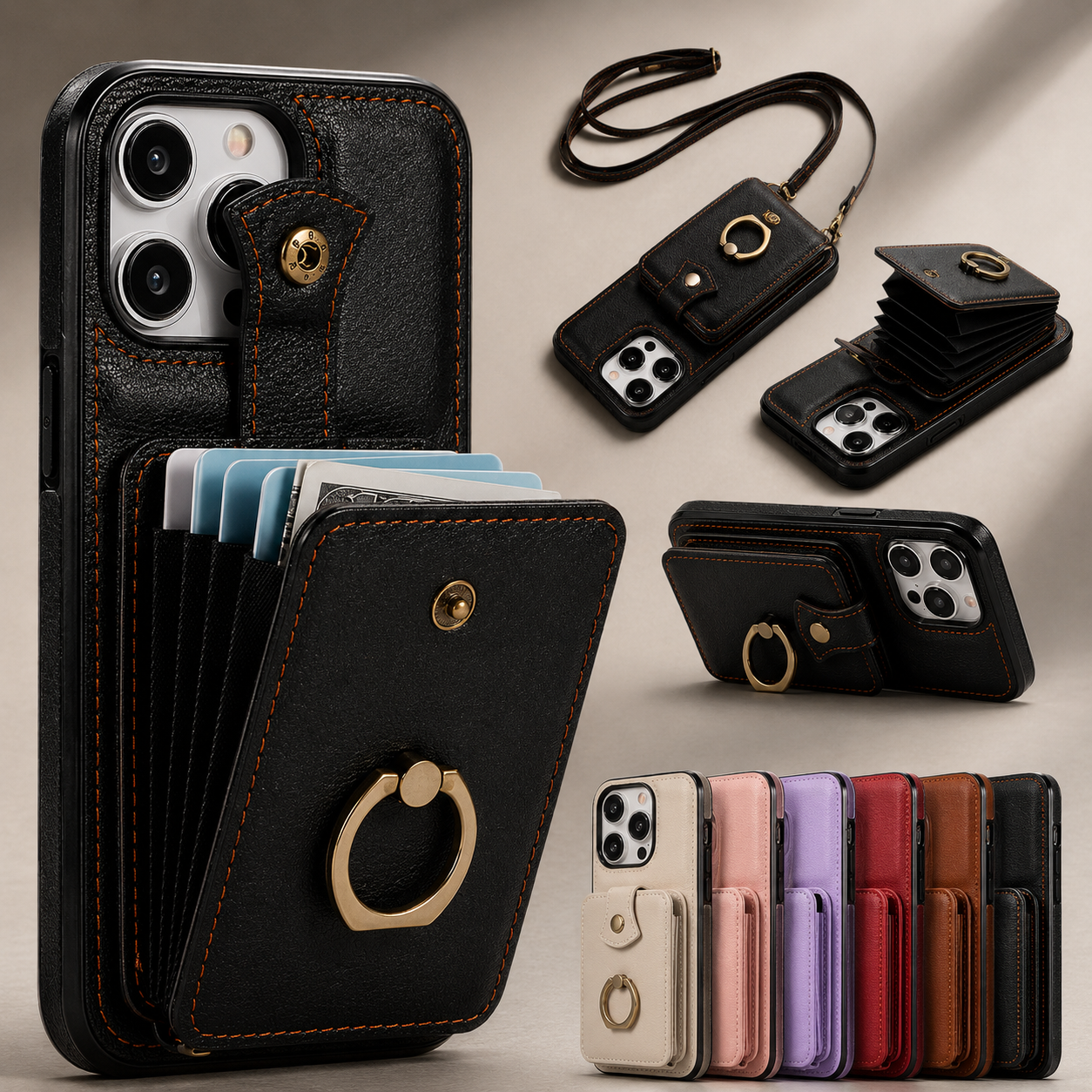 Premium iPhone Case Wallet Cover Card Holder RFID Blocking PU Leather Protective Case 360 Rotating Ring Kickstand Shockproof Full Coverage Design