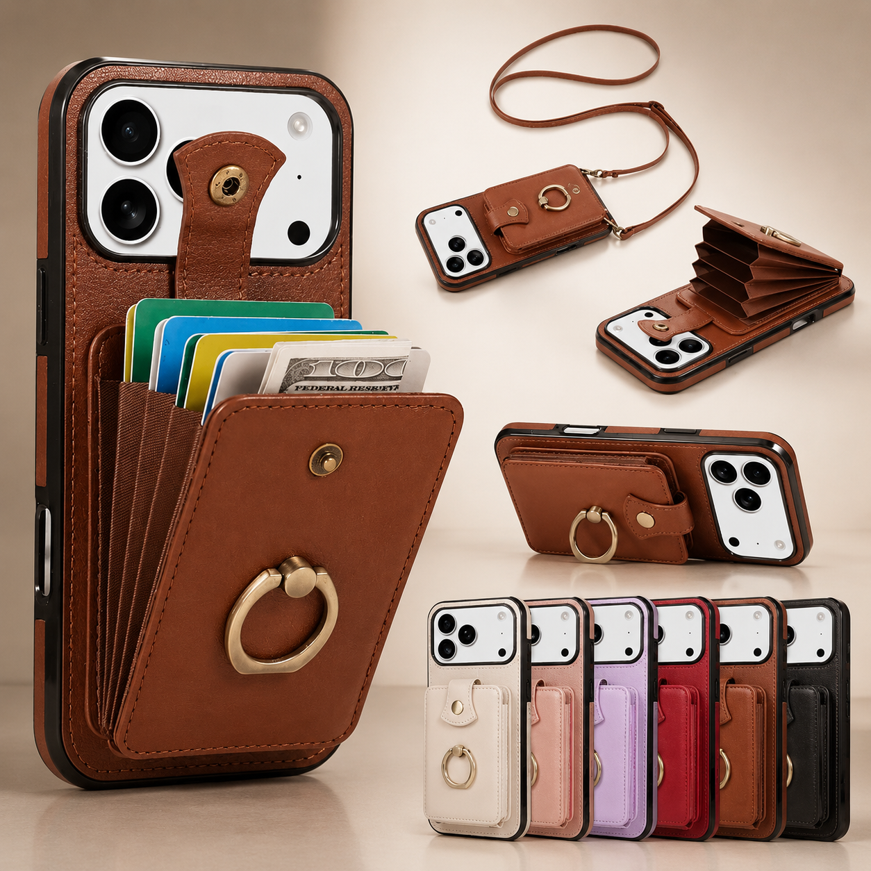 Premium iPhone Case Wallet Cover Card Holder RFID Blocking PU Leather Protective Case 360 Rotating Ring Kickstand Shockproof Full Coverage Design