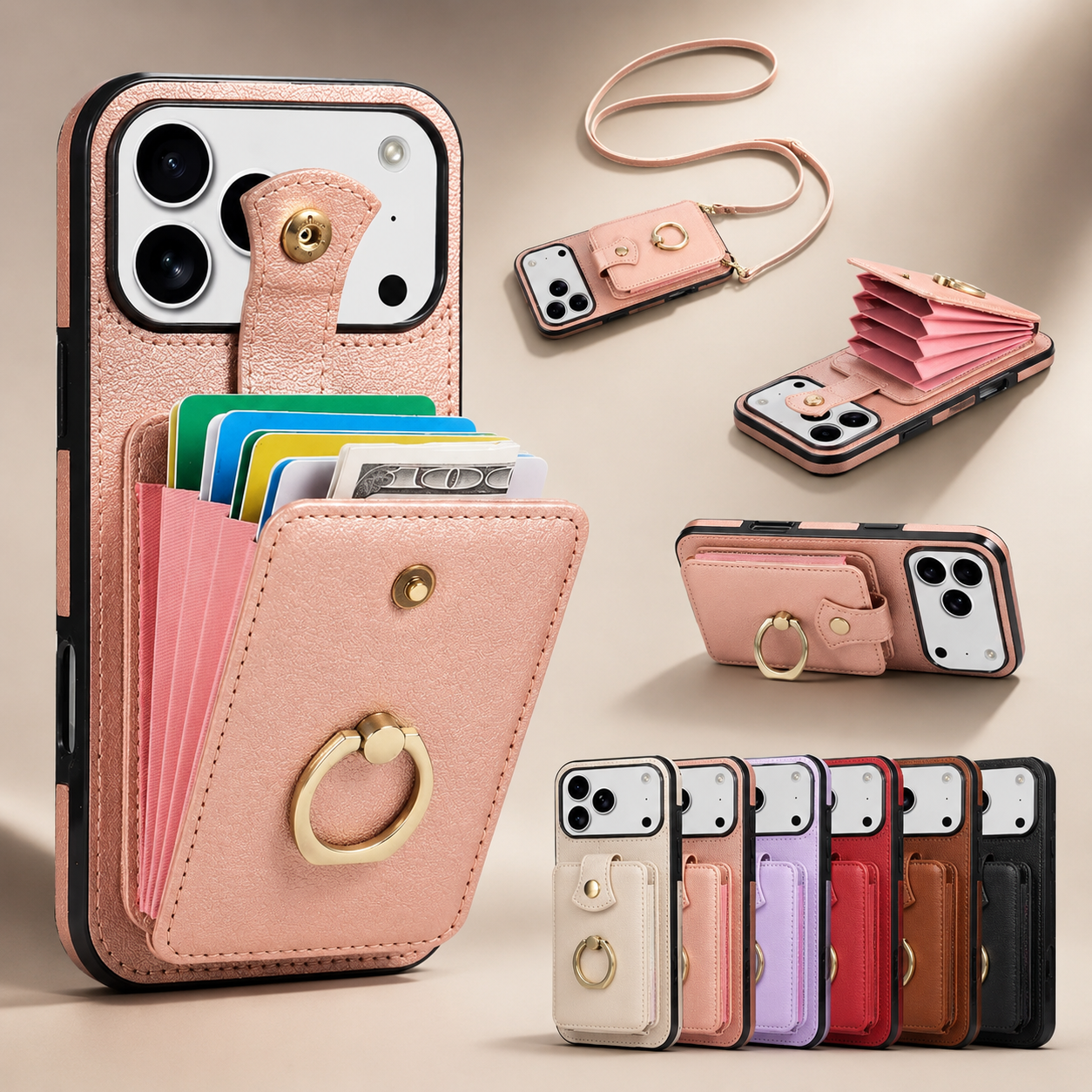 Premium iPhone Case Wallet Cover Card Holder RFID Blocking PU Leather Protective Case 360 Rotating Ring Kickstand Shockproof Full Coverage Design