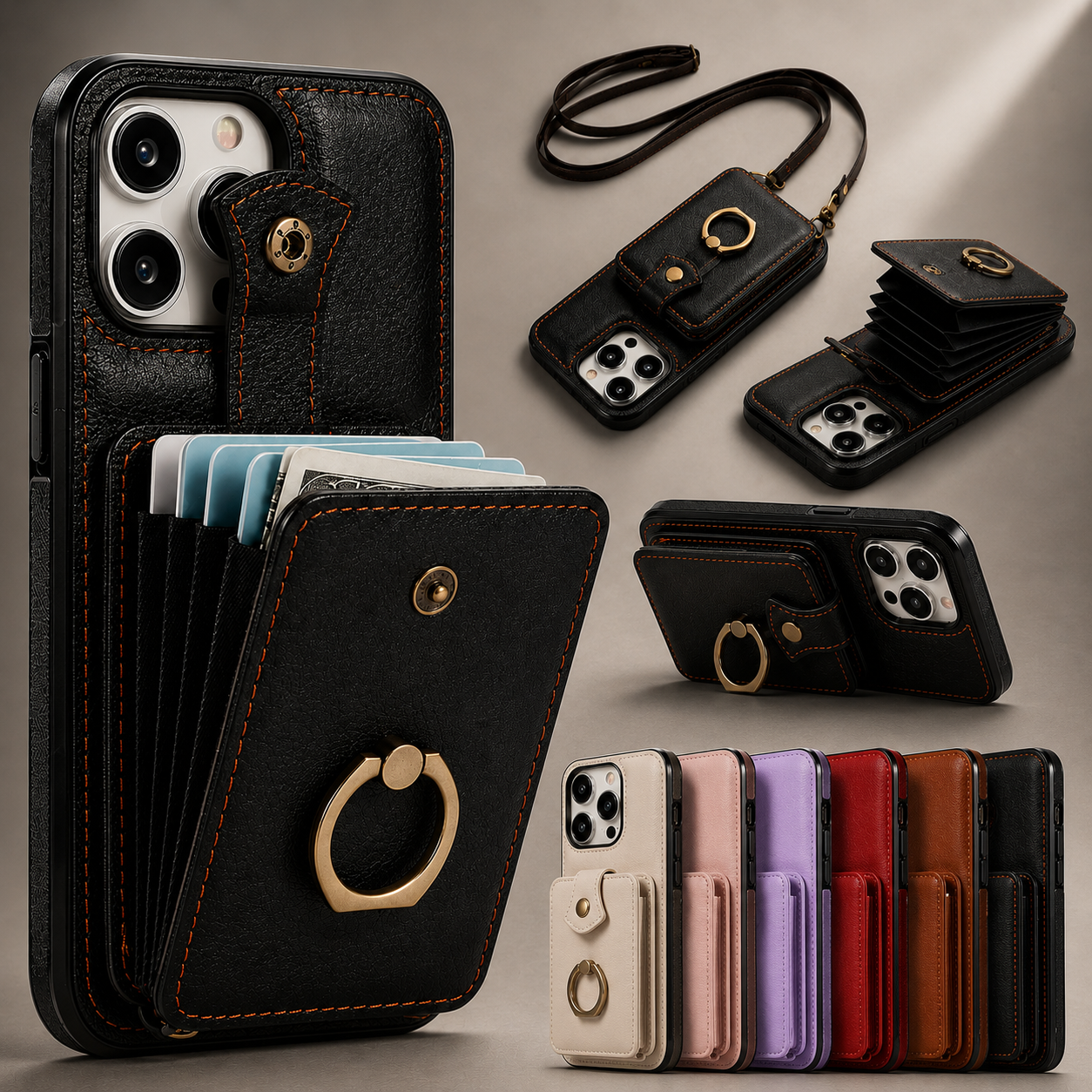 Premium iPhone Case Wallet Cover Card Holder RFID Blocking PU Leather Protective Case 360 Rotating Ring Kickstand Shockproof Full Coverage Design