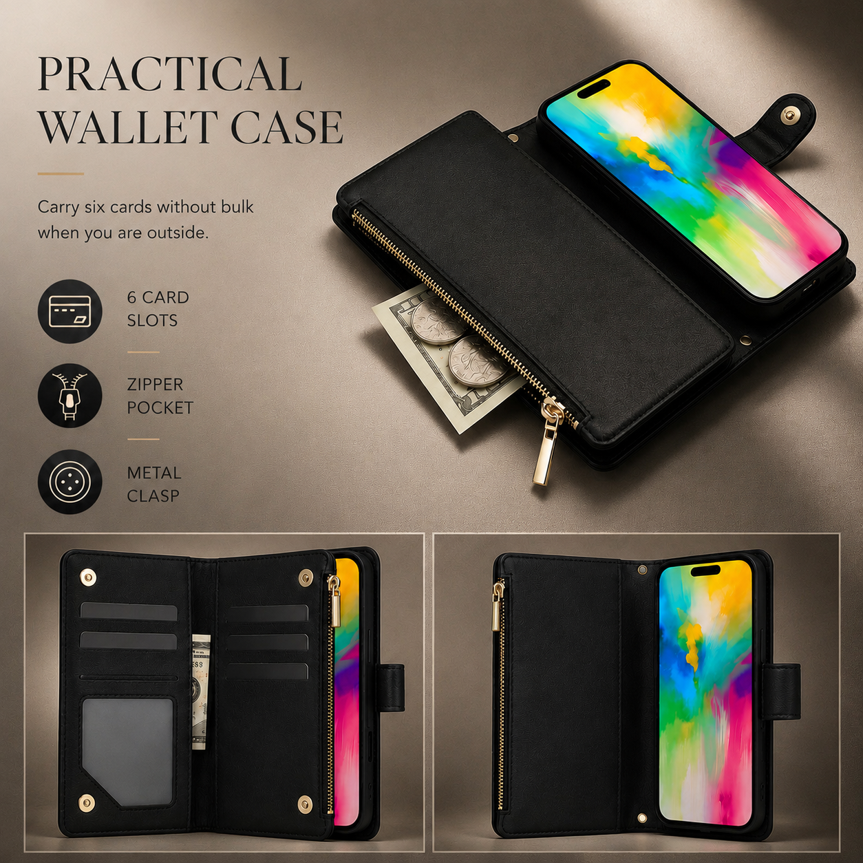 Premium iPhone Case Wallet Flip Cover Magnetic Leather Protective Case Zipper Card Holder Shockproof Crossbody Strap Kickstand Full Coverage