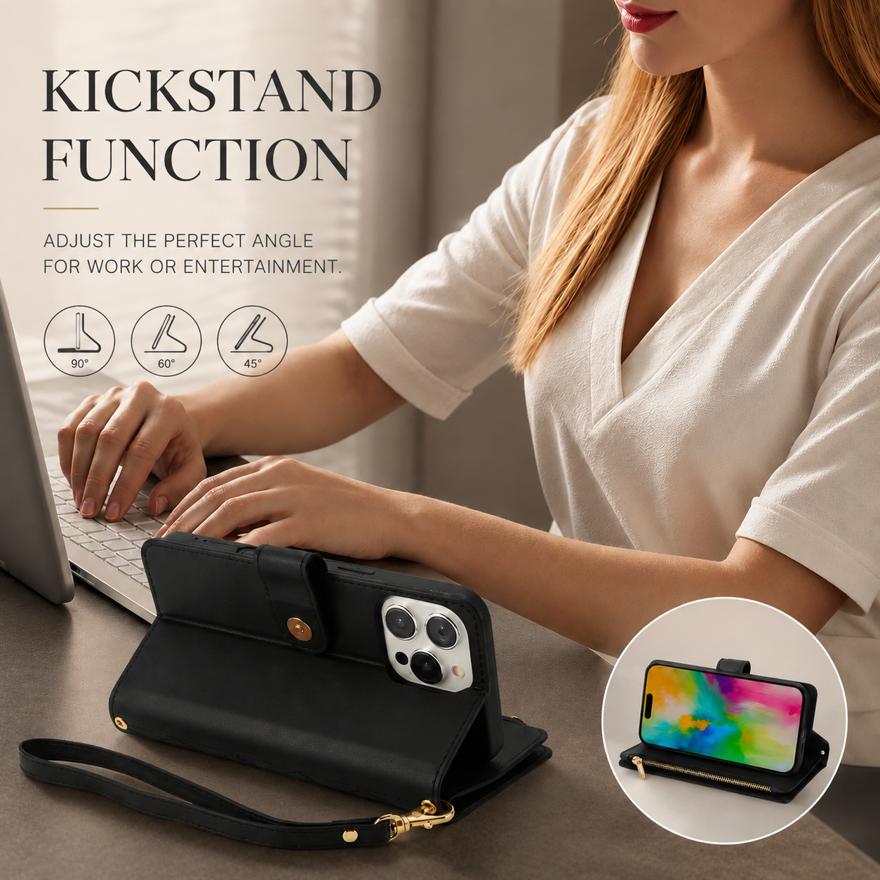 Premium iPhone Case Wallet Flip Cover Magnetic Leather Protective Case Zipper Card Holder Shockproof Crossbody Strap Kickstand Full Coverage