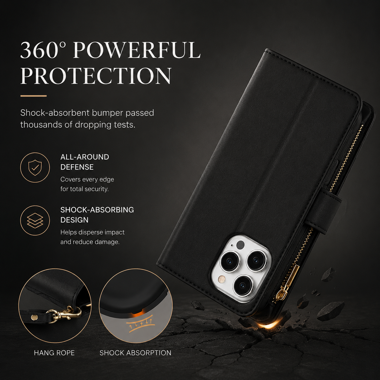 Premium iPhone Case Wallet Flip Cover Magnetic Leather Protective Case Zipper Card Holder Shockproof Crossbody Strap Kickstand Full Coverage
