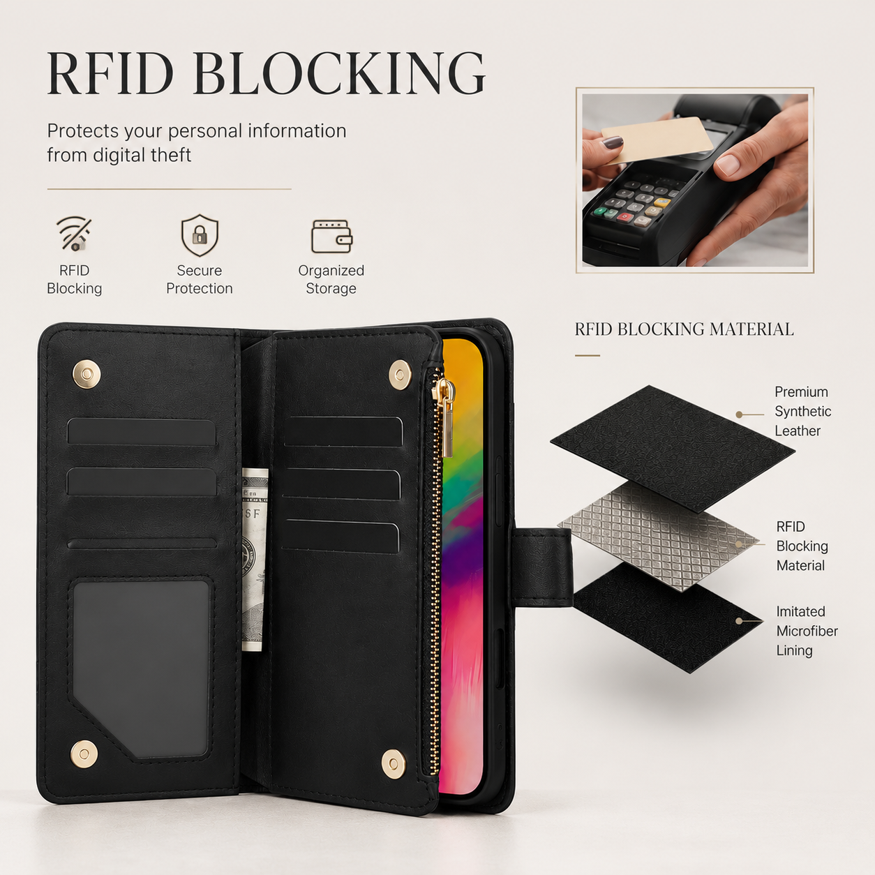 Premium iPhone Case Wallet Flip Cover Magnetic Leather Protective Case Zipper Card Holder Shockproof Crossbody Strap Kickstand Full Coverage