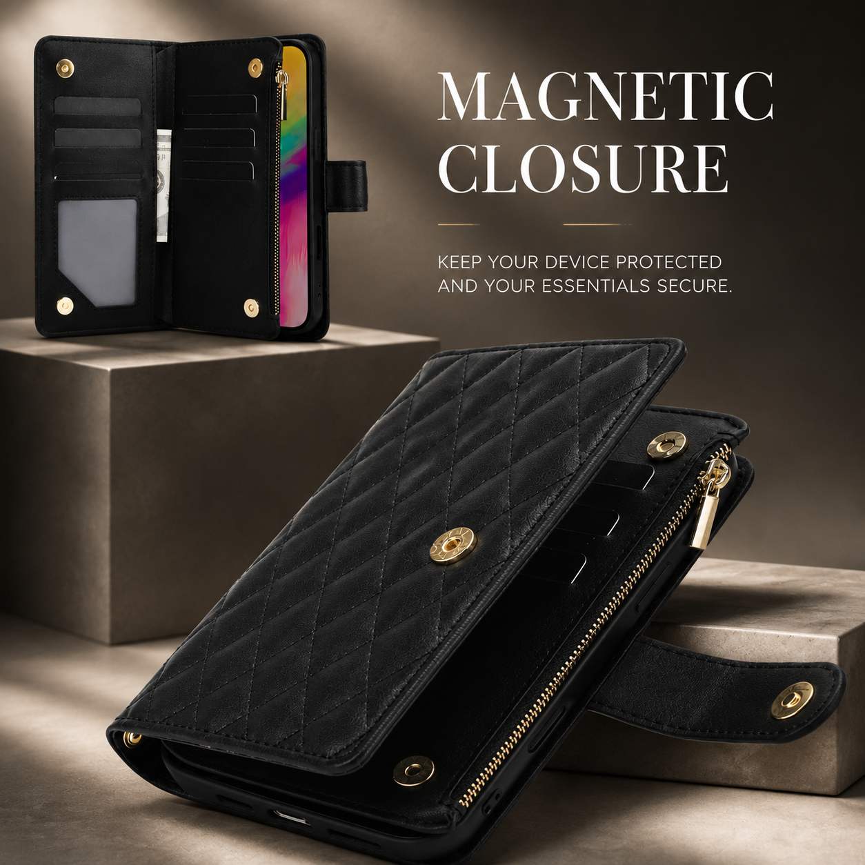 Premium iPhone Case Wallet Flip Cover Magnetic Leather Protective Case Zipper Card Holder Shockproof Crossbody Strap Kickstand Full Coverage