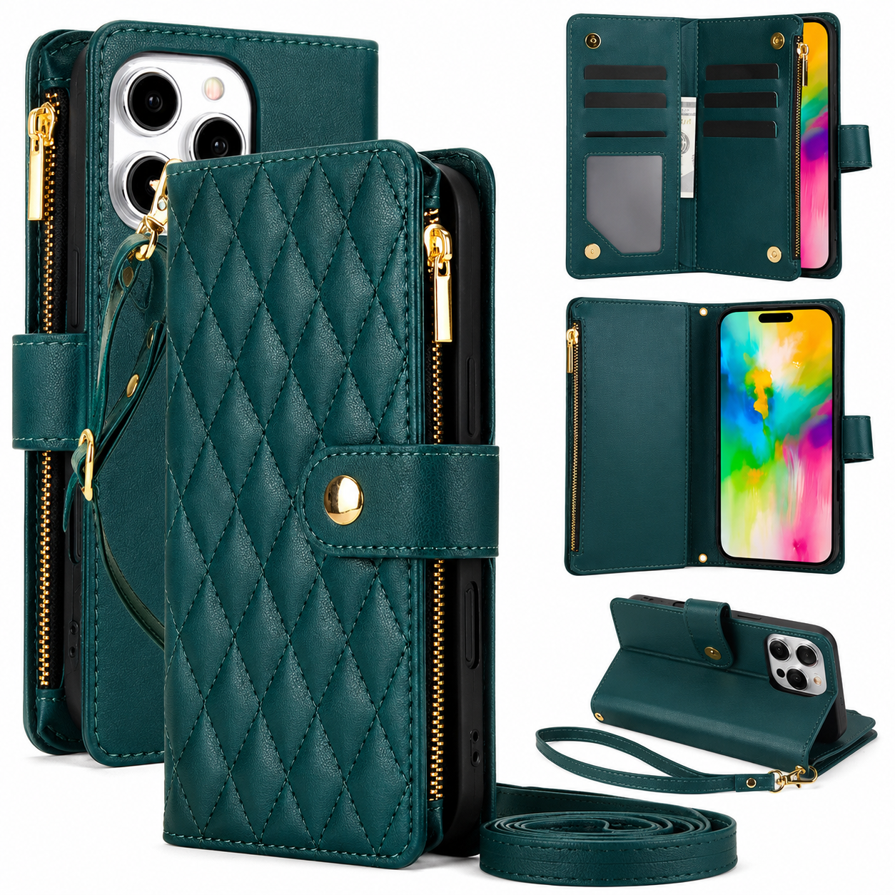 Premium iPhone Case Wallet Flip Cover Magnetic Leather Protective Case Zipper Card Holder Shockproof Crossbody Strap Kickstand Full Coverage