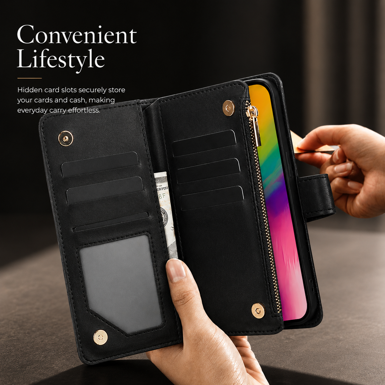Premium iPhone Case Wallet Flip Cover Magnetic Leather Protective Case Zipper Card Holder Shockproof Crossbody Strap Kickstand Full Coverage