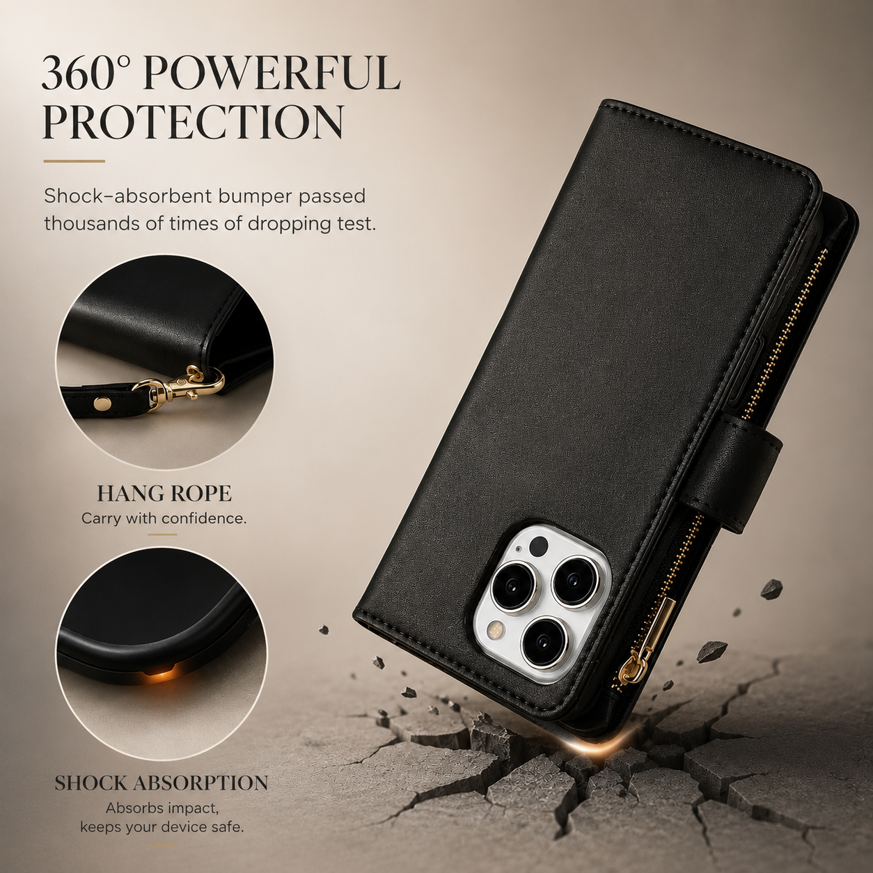 Premium iPhone Case Wallet Flip Cover Magnetic Leather Protective Case Zipper Card Holder Shockproof Crossbody Strap Kickstand Full Coverage
