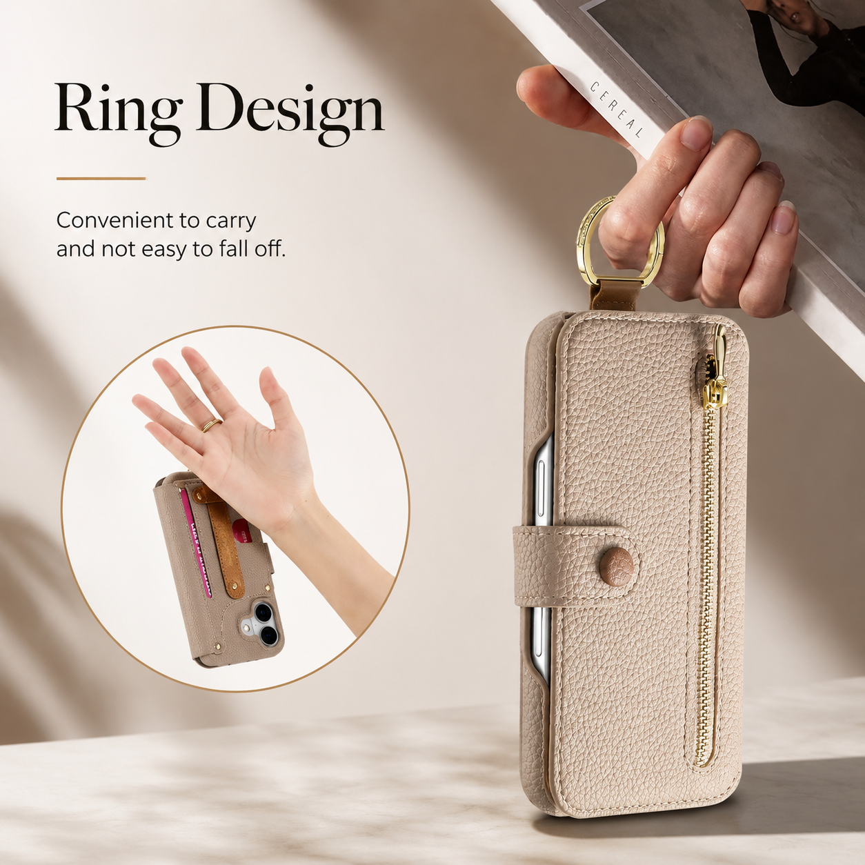Premium iPhone Case Wallet Flip Leather Cover Card Holder Wrist Strap Ring Kickstand Shockproof Magnetic Closure Full Protection Design