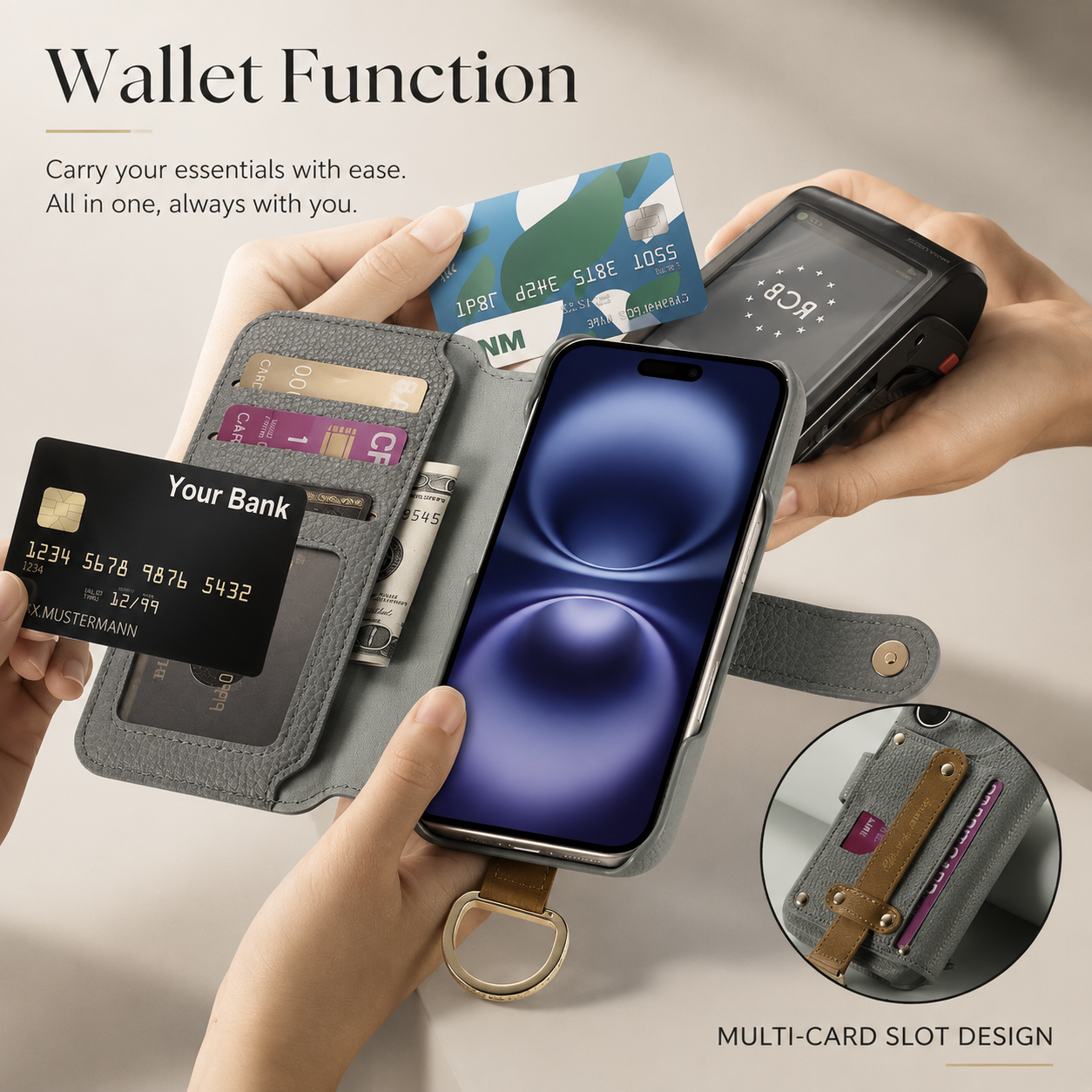 Premium iPhone Case Wallet Flip Leather Cover Card Holder Wrist Strap Ring Kickstand Shockproof Magnetic Closure Full Protection Design