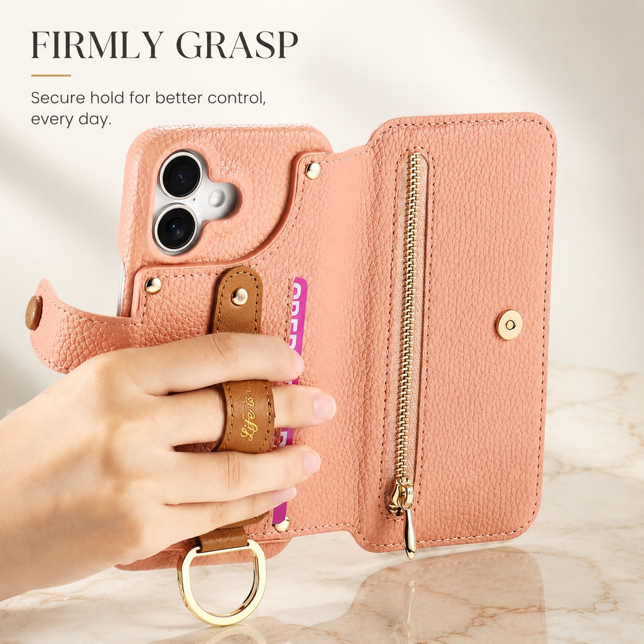 Premium iPhone Case Wallet Flip Leather Cover Card Holder Wrist Strap Ring Kickstand Shockproof Magnetic Closure Full Protection Design
