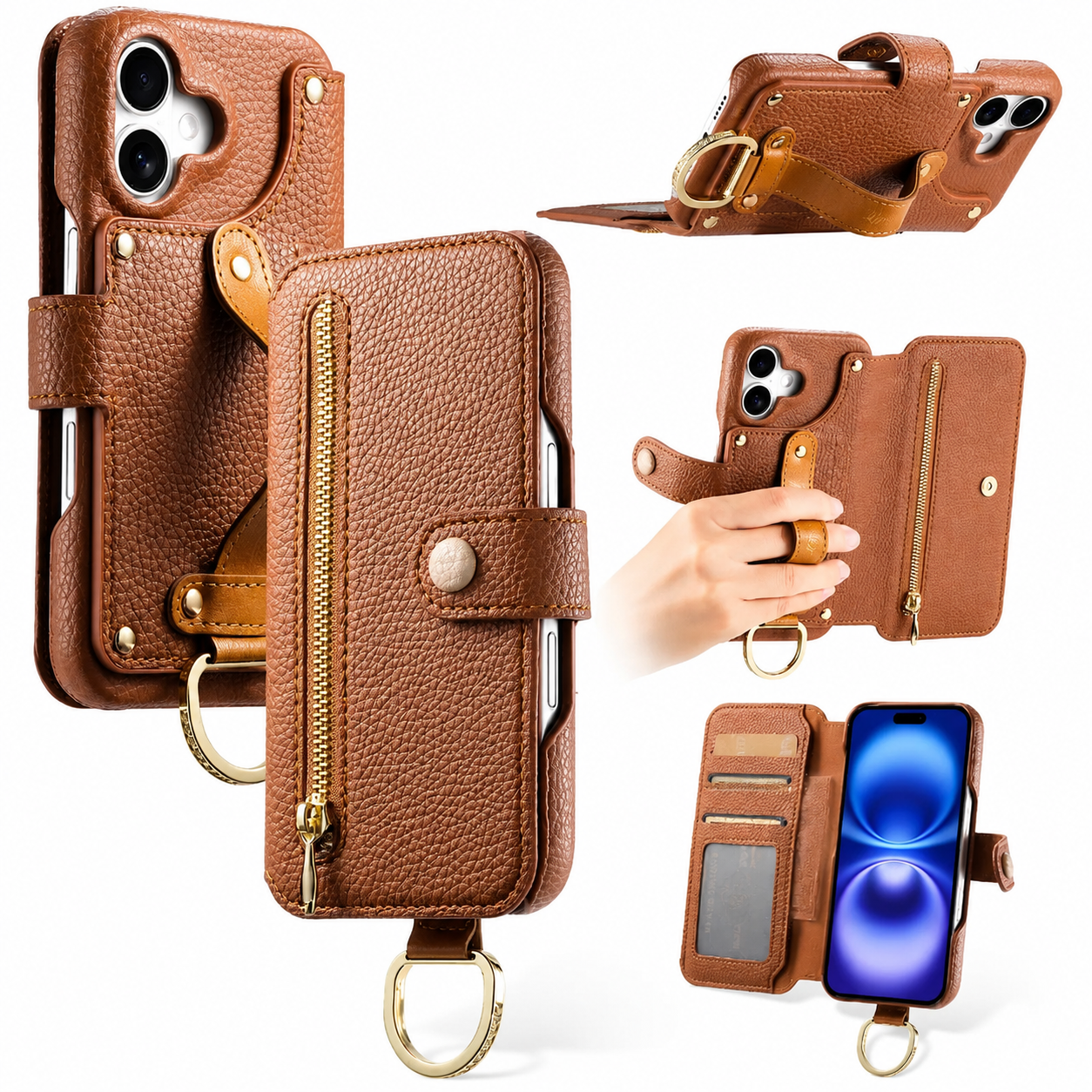 Premium iPhone Case Wallet Flip Leather Cover Card Holder Wrist Strap Ring Kickstand Shockproof Magnetic Closure Full Protection Design