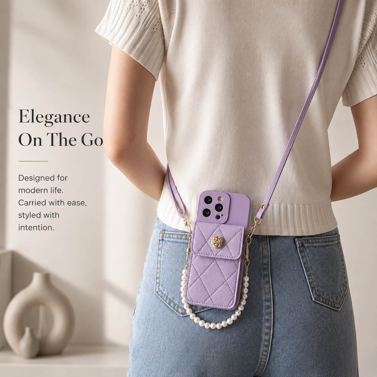 Premium iPhone Case Wallet MagSafe Compatible Crossbody Strap Protective Cover Card Holder Shockproof Pearl Strap Camera Protection Slim Luxury Design