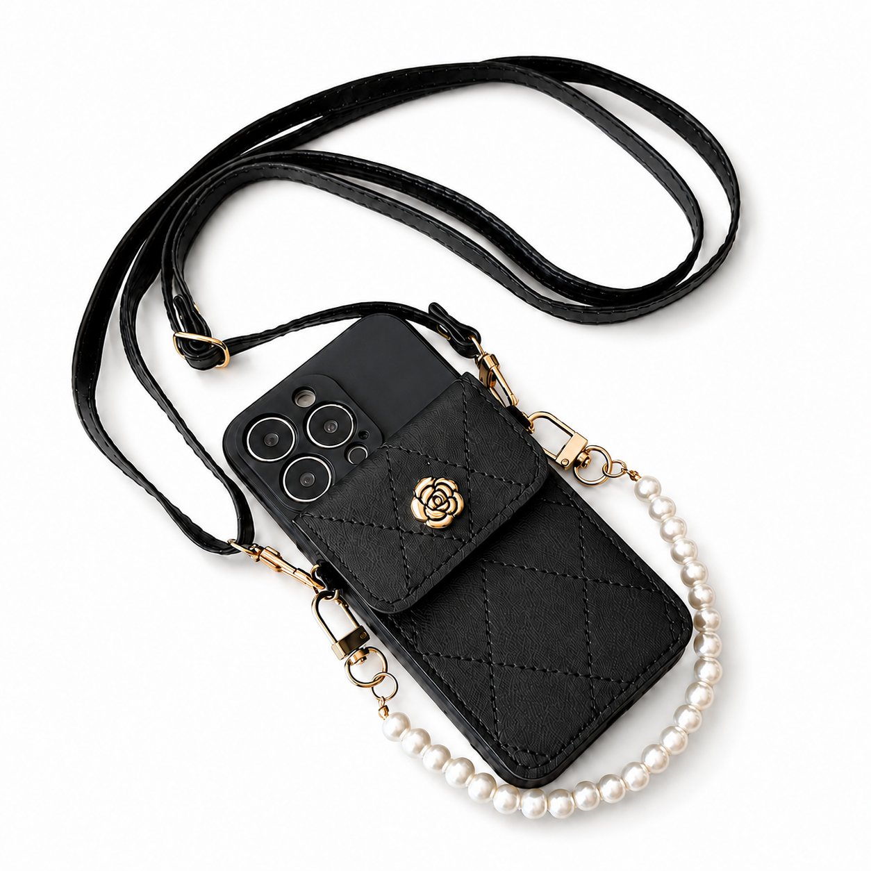 Premium iPhone Case Wallet MagSafe Compatible Crossbody Strap Protective Cover Card Holder Shockproof Pearl Strap Camera Protection Slim Luxury Design