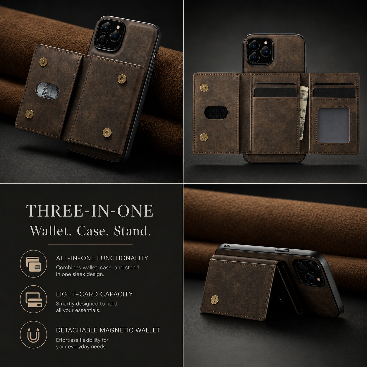 Premium iPhone Case Wallet MagSafe Compatible Detachable Leather Flip Cover Card Holder Shockproof Protective Stand RFID Style Full Coverage Design