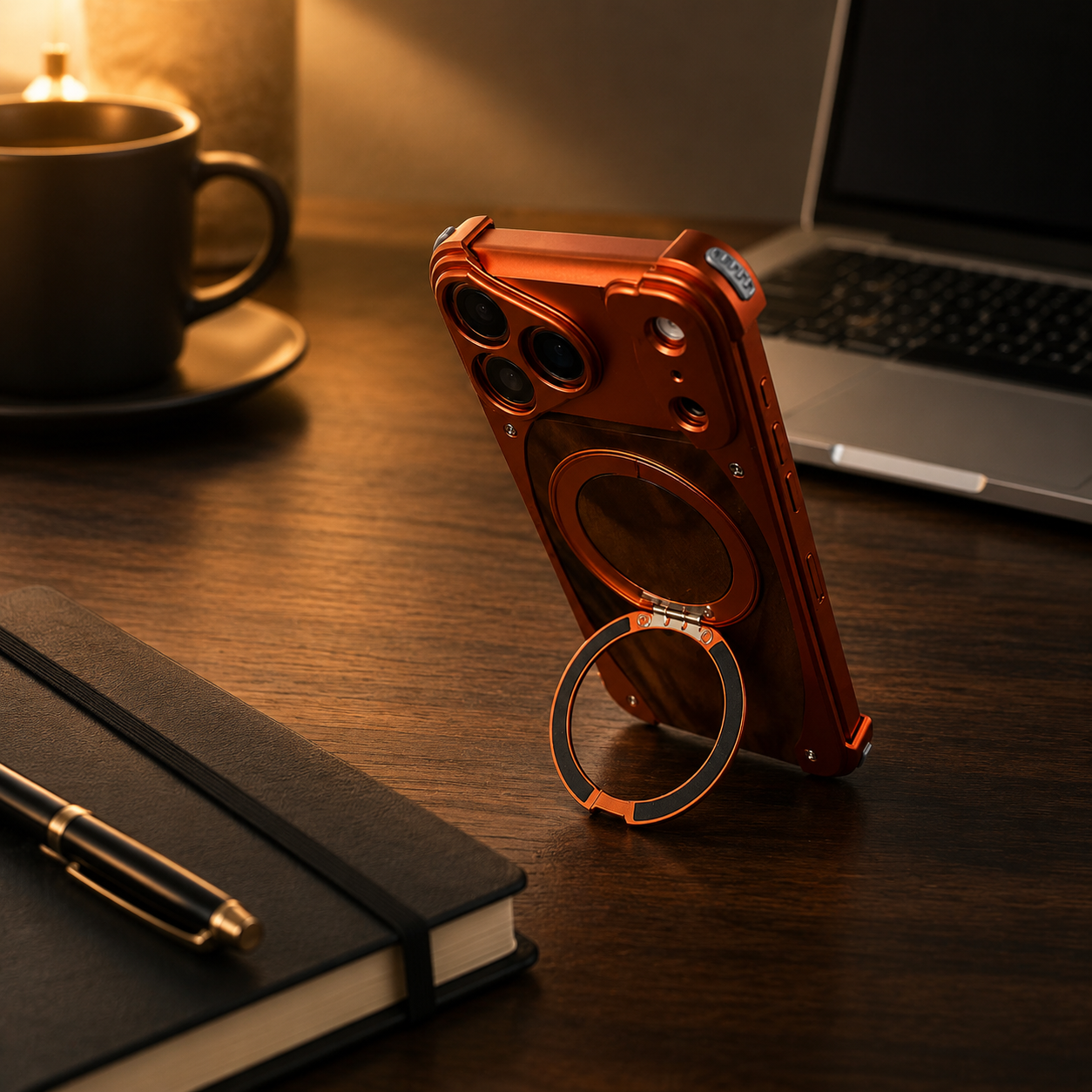 Premium iPhone Case Walnut Wood Aluminum Magnetic Protective Cover Shockproof Built-In Stand Wireless Charging Camera Lens Protection Full Coverage