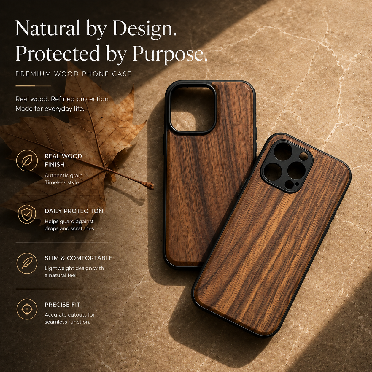 Premium iPhone Case Walnut Wood Protective Cover TPU Frame Shockproof Anti Scratch Magnetic Compatible Slim Durable Full Coverage Natural Design