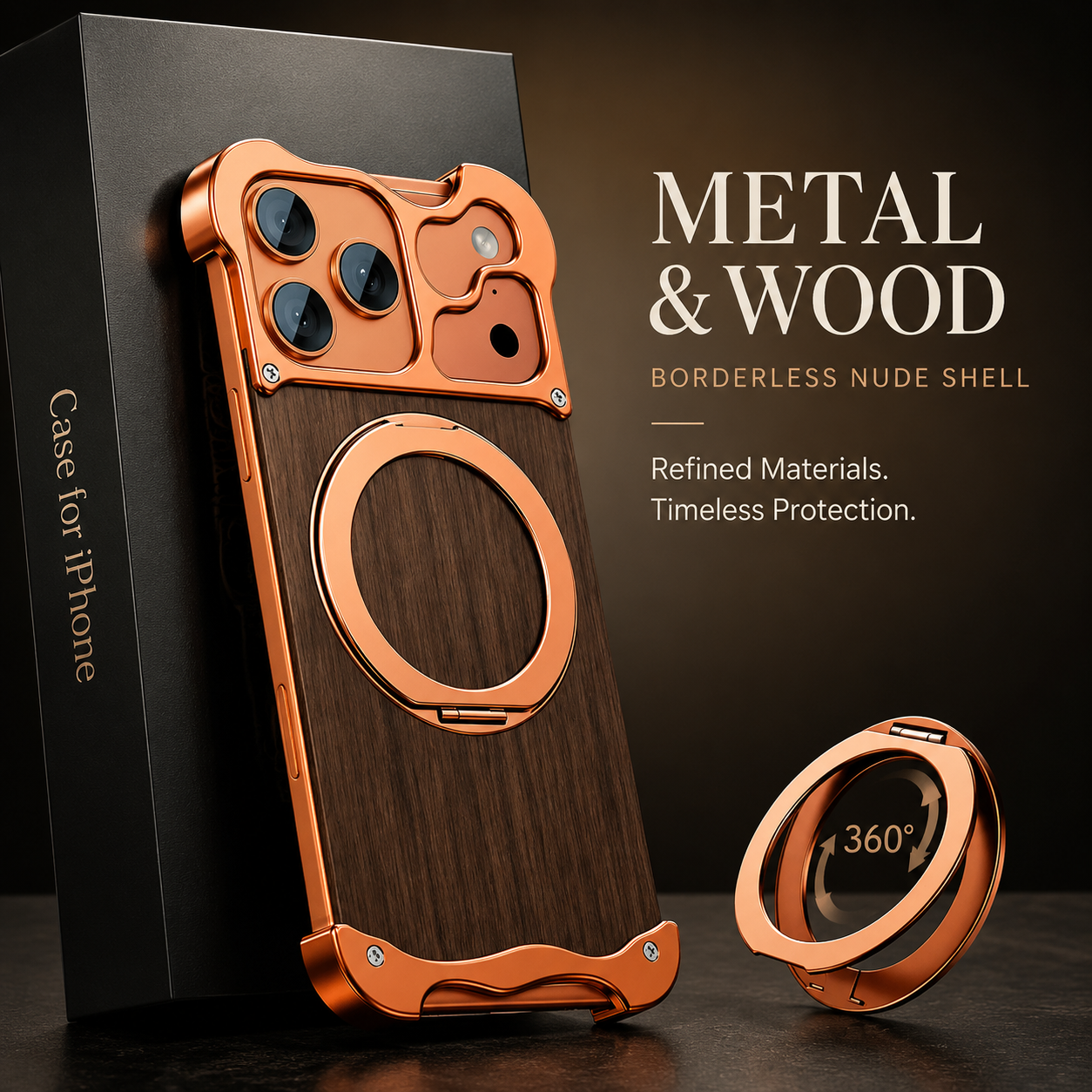 Premium iPhone Case Wood Aluminum Frame MagSafe Compatible Protective Cover 360° Rotating Ring Stand Shockproof Camera Lens Guard