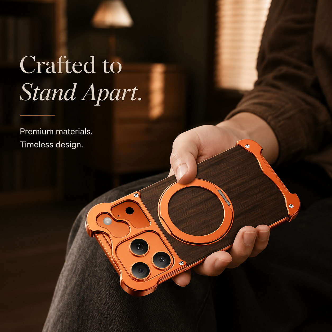 Premium iPhone Case Wood Aluminum Frame MagSafe Compatible Protective Cover 360° Rotating Ring Stand Shockproof Camera Lens Guard