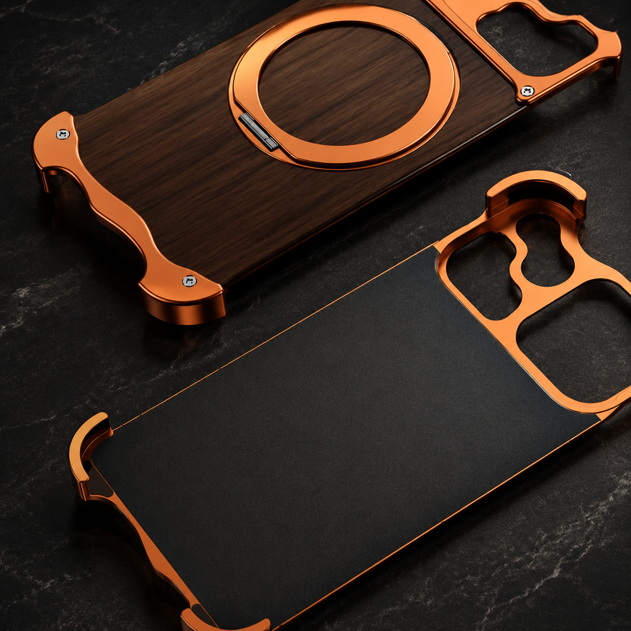 Premium iPhone Case Wood Aluminum Frame MagSafe Compatible Protective Cover 360° Rotating Ring Stand Shockproof Camera Lens Guard